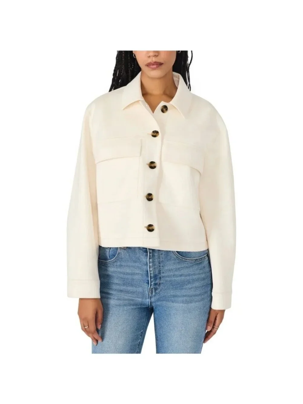 NWT Steve Madden Women's L Faux Suede Cream Button-Up Trucker Jacket  B0491